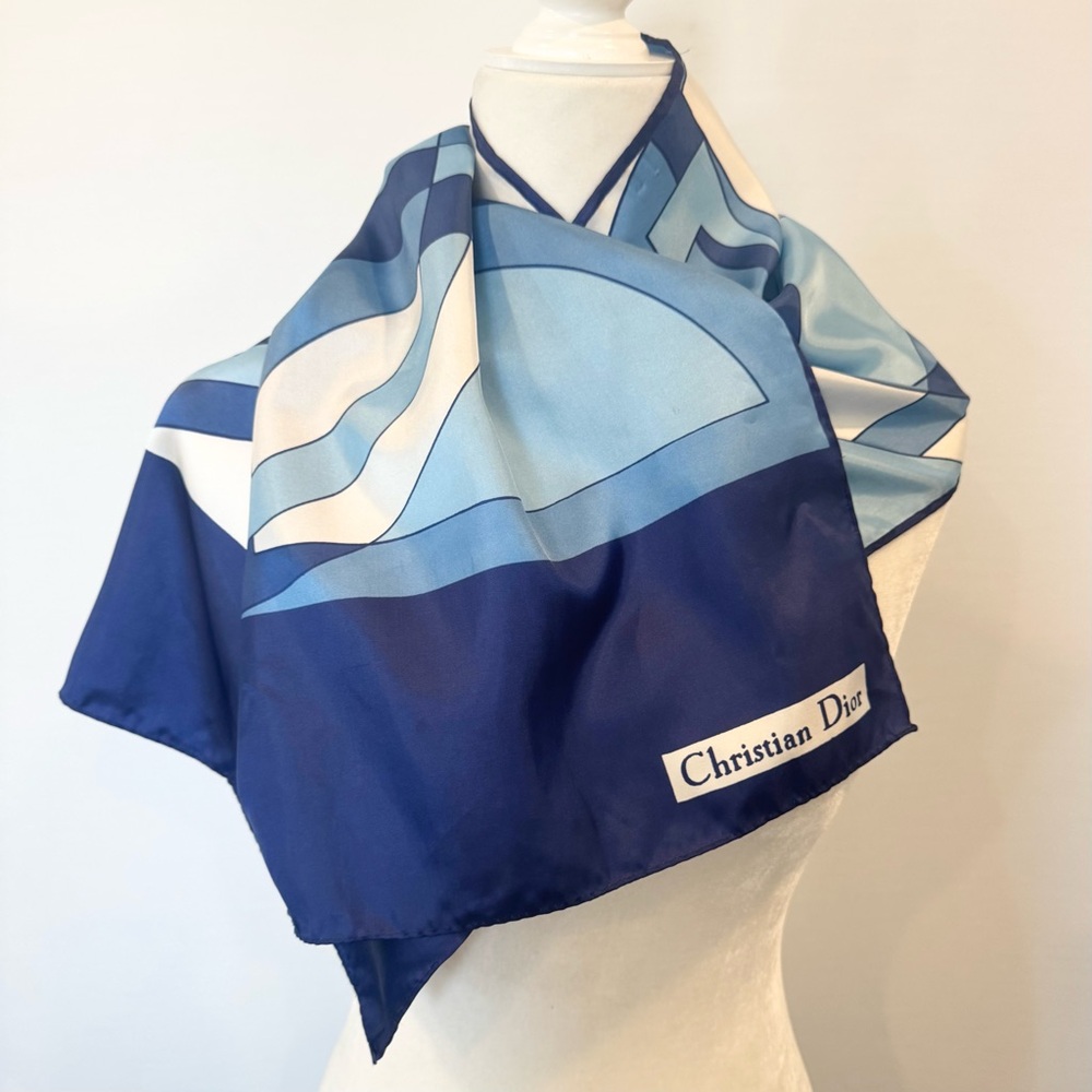 Christian Dior Vintage Silky Satin Blue Geometric Print Oblong Rectangle 44 x 14 - Picture 4 of 14